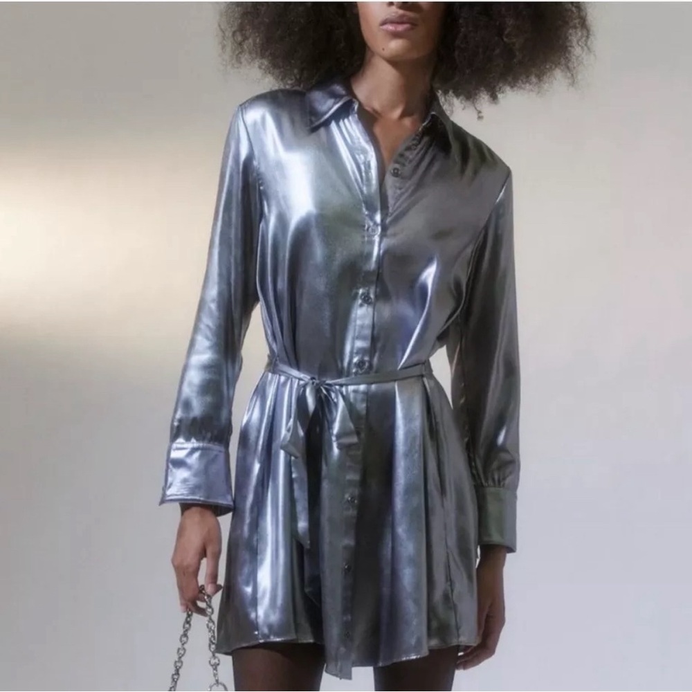 Urban Outfitters Metallic Silver Satin Shirt Mini Dress Button Down Midnight M